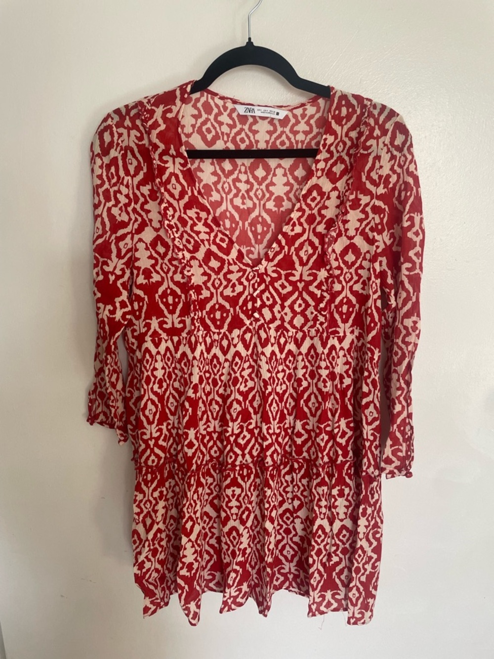 Zara Red and Cream Ikat V-Neck Tunic Dress S